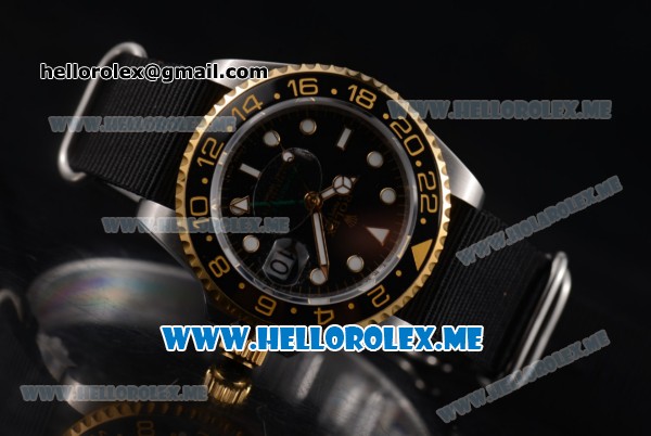 Rolex GMT-Master II Asia 2813 Automatic Steel Case with Black Dial and Black Nylon Strap Dot Markers - Click Image to Close